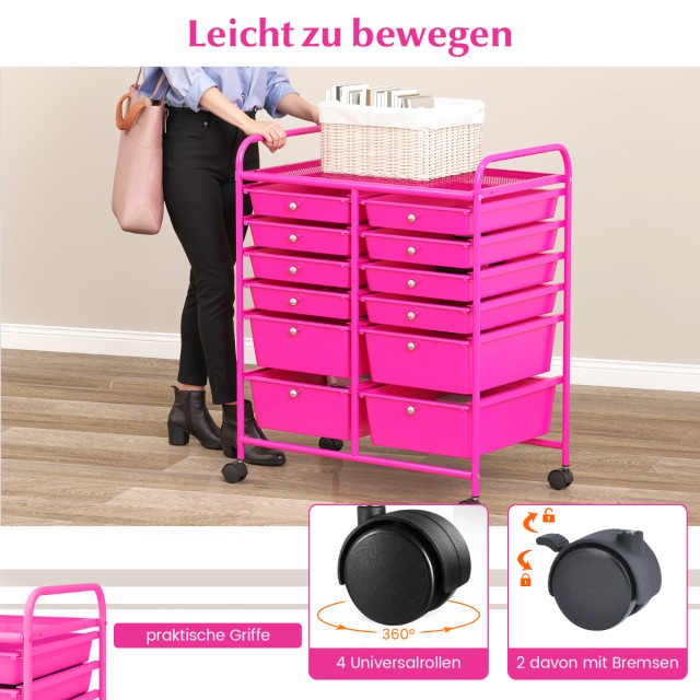 Costway Ροζ Τροχήλατος Μεταλλικός Συρταριέρας με 12 Στοιβαζόμενα Συ...