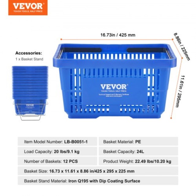 Φορητό Καλάθι Αγορών VEVOR 24L με Χειρολαβή & Βάση (12 τεμ) - Μπλε ...