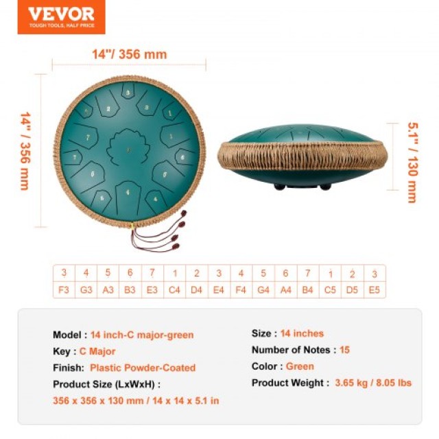 VEVOR  Ατσάλινο Τύμπανο 14 15 Νότες C Μείζονα Πράσινο Εξωτερικού Χώρου  GSGGSG14INCHY9XB9V0