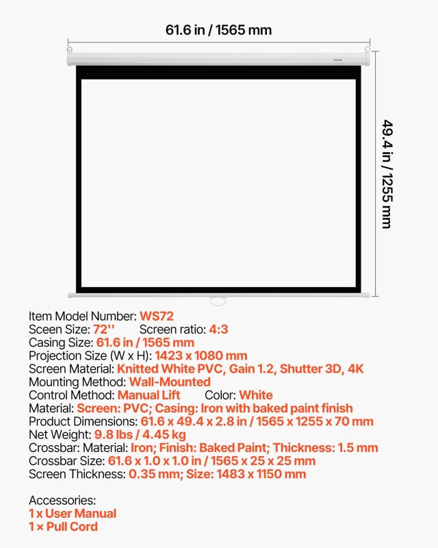 VEVOR Οθόνη Προβολέα Χειροκίνητη 72 4:3 4K HD για Τοίχο με Σχοινί Τ...