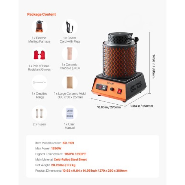 VEVOR Κιτ Ηλεκτρικού Χωνευτηρίου 1350W για Τήξη Μετάλλων, 2102℉/115... VEVOR Κιτ Ηλεκτρικού Χωνευτηρίου 1350W για Τήξη Μετάλλων, 2102℉/115...