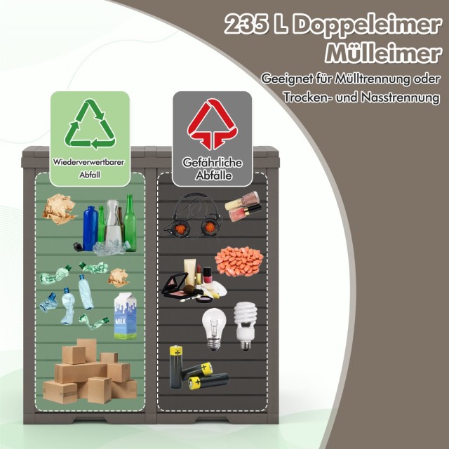 Costway Διπλός Εξωτερικός Κάδος Απορριμμάτων 235L με Δύο Θήκες και ...