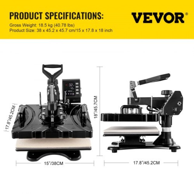 VEVOR Μηχανή Θερμομεταφοράς 12x15 6 σε 1 για Μπλουζάκια, Παπούτσια,...