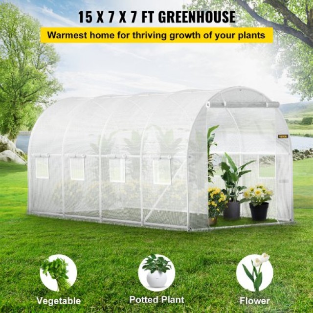 VEVOR Θερμοκήπιο Σήραγγας 15x7x7 ft με Γαλβανισμένους Στύλους, 2 Πό...