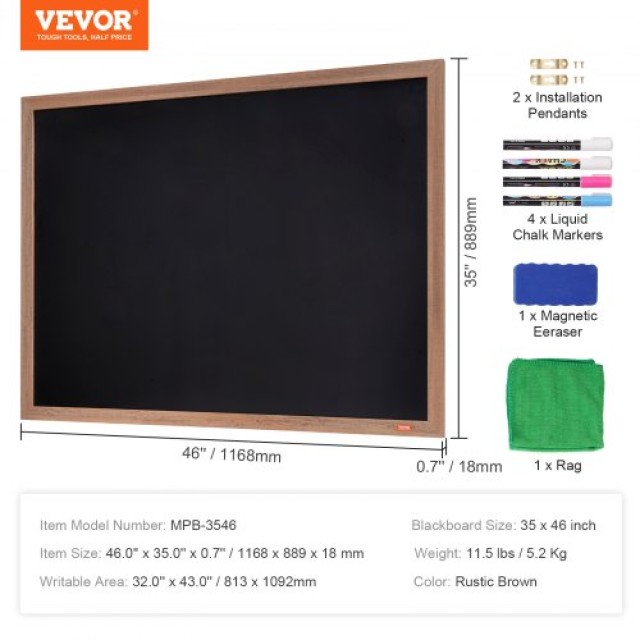 Μαγνητικός Πίνακας Κιμωλίας VEVOR, 35x46, Ξύλινος Πίνακας με Κιμωλίες & Σβήστρα, Ρουστίκ Καφέ Πλαίσιο  BG3546INCHMDFSHWLV0