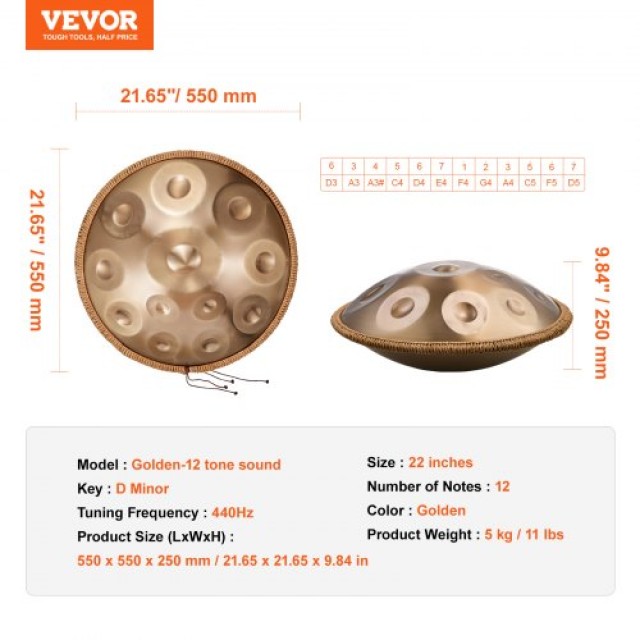 VEVOR Χειροποίητο Τύμπανο 22 12 Νότες Ρε Ελάσσονα με Μπαγκέτα SDG22...