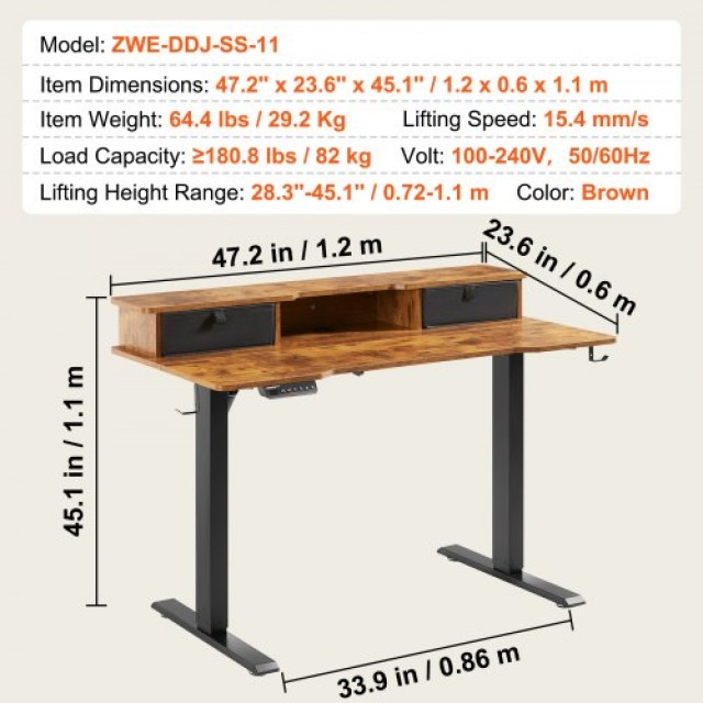 Ρυθμιζόμενο Ηλεκτρικό Γραφείο VEVOR 47.2 x 23.6 για Δύο Οθόνες  SJSCZSCMM12061YIIV2