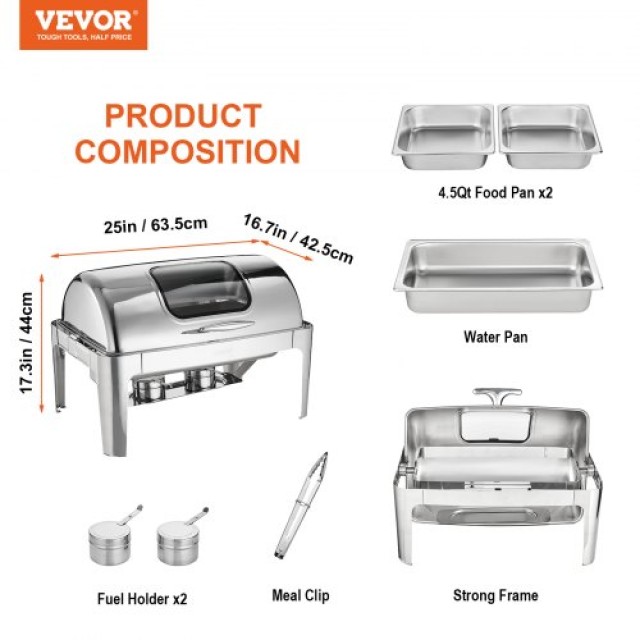 VEVOR Ορθογώνιο Roll Top Chafing Dish με 9Qt Γυάλινο Καπάκι & Θήκη Καυσίμου  ZFXKCLJT19QT2B78CV0
