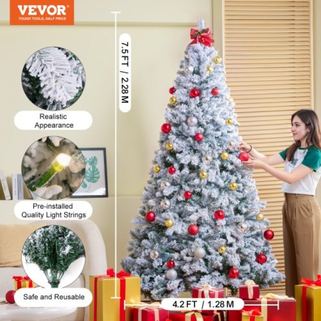 VEVOR  Χριστουγεννιάτικο Δέντρο 7.5ft με Φωτάκια LED και Χιονισμένη Όψη 1346 Κλαδιά RZSDSZRSDSDSMEDSNV2