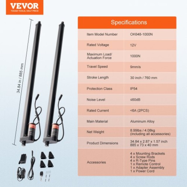 VEVOR  Σετ 2 Γραμμικών Ενεργοποιητών 12V 30 0.35/s 1000N IP54  ZHXXXZXQ30INB9GXWV2