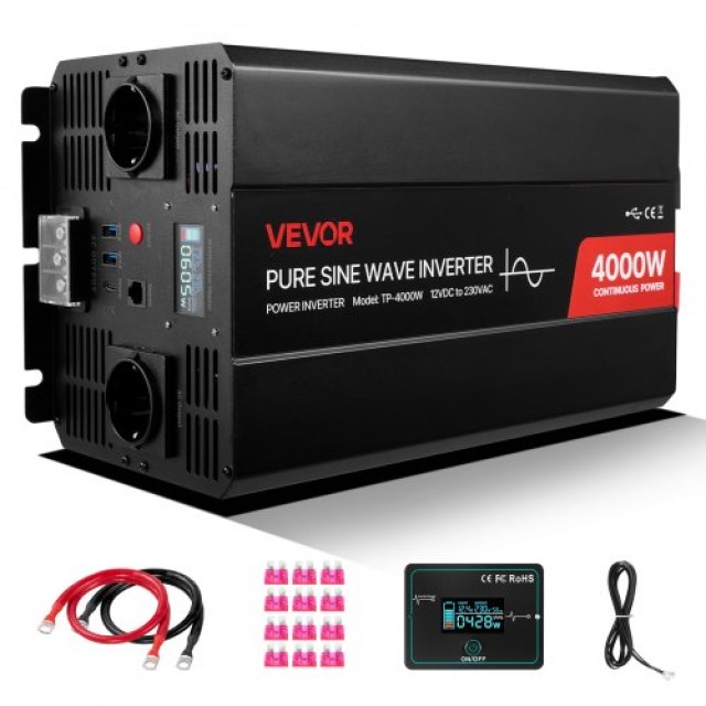 VEVOR Μετατροπέας Ισχύος 4000W, Καθαρού Ημιτόνου 12V DC σε 230V AC ...