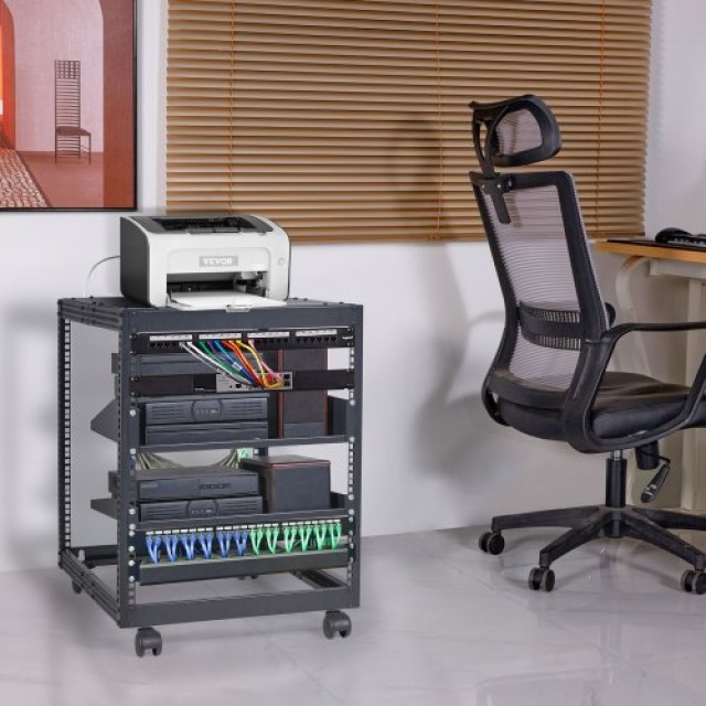 VEVOR 12U Ανοιχτό Rack Σερβερ, Ρυθμιζόμενο Βάθος, Ελεύθερη Στήριξη/Τοίχου, 4 Στύλοι με Ρόδες, Για Δικτυακό Εξοπλισμό  KFSJJH12U2340SDYTV0