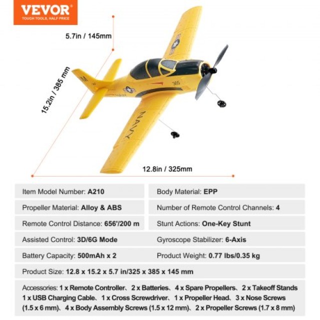 VEVOR Αεροπλάνο RC Εκπαιδευτικό EPP Αφρού 2.4 GHz Τηλεκατευθυνόμενο  YKFJFJSTD40CYM1POV9