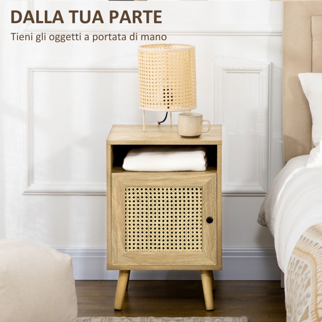 HOMCOM  Κομοδίνο για Υπνοδωμάτιο Στυλ Boho με Ντουλάπι και Ανοιχτό Ράφι από Ξύλο και Ρατάν, 39x35x60 εκ.  831-599V00ND