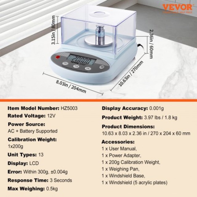 Ζυγός Ακριβείας VEVOR 500g x 0.001g με Ανεμοθώρακα LCD  SYSCHTP0001GFGCEAV2