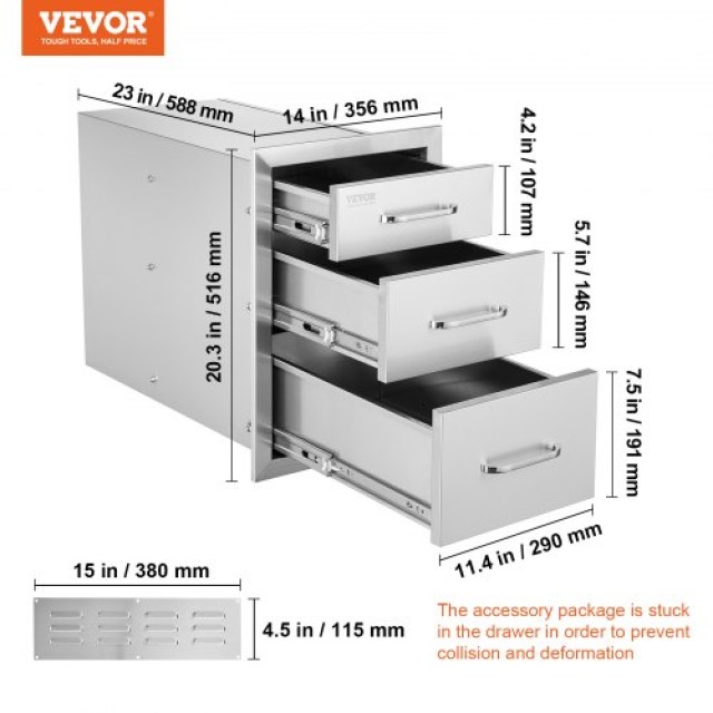 Vevor Ανοξείδωτο Ατσάλι 3 Συρτάρια με Λαβή 35x58cm Ντουλάπι Αποθήκε...