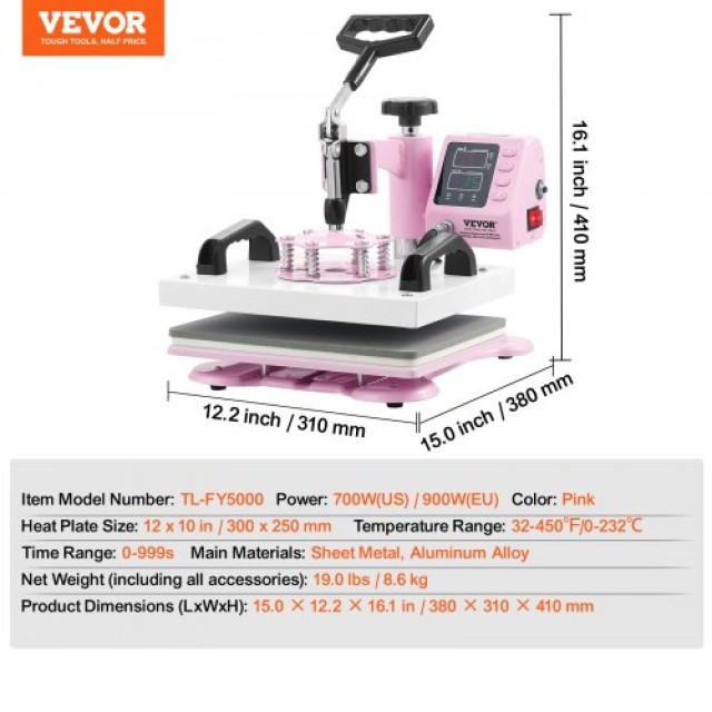 VEVOR Μηχανή Θερμομεταφοράς 12x10 ιντσών για Μπλουζάκια σε Ροζ Χρώμα YTSTHJBJF121030U8V2