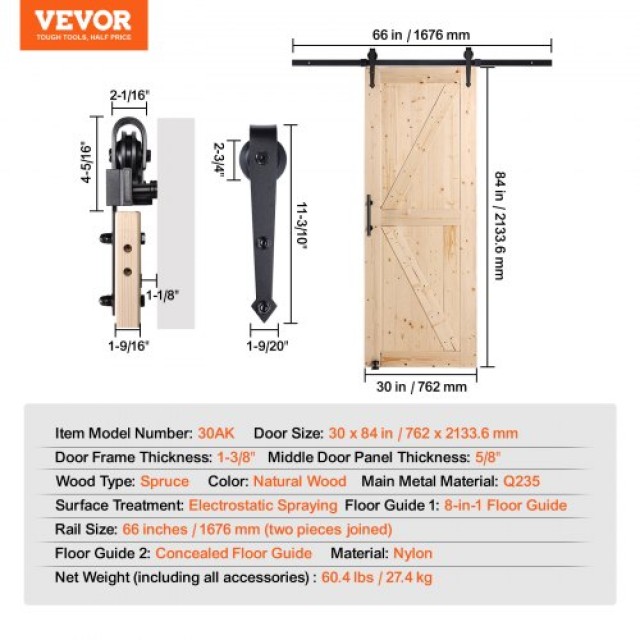 Σετ Ξύλινης Συρόμενης Πόρτας VEVOR 76x213 εκ.  MZGCMTZYS308EQ3YEV0