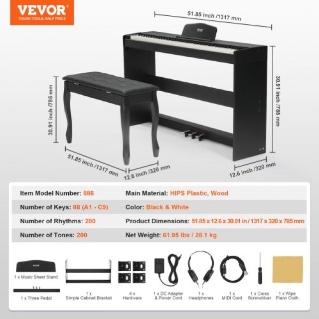 VEVOR  88 Πλήκτρα Πλήρως Ζυγισμένο Ψηφιακό Πιάνο Διπλό Πληκτρολόγιο Ντουλάπι Βάση Πάγκος YTSZCGQ88JXT74IECV2