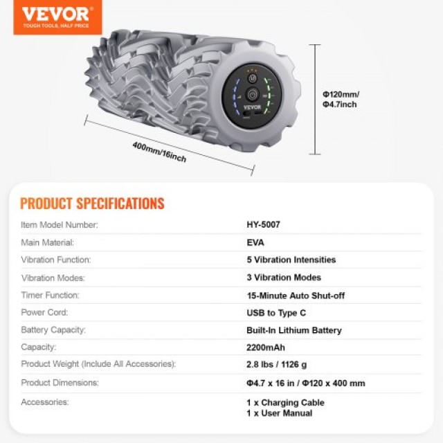 VEVOR Δονητικός Αφρώδης Κύλινδρος με 5 Εντάσεις & 3 Συχνότητες Ηλεκτρικός Αφρώδης Κύλινδρος ZNDDYTKEVA20EERXOV9