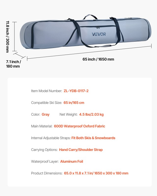 VEVOR Προστατευτική Τσάντα Snowboard 165 cm, Αδιάβροχη με Ενισχυμέν...