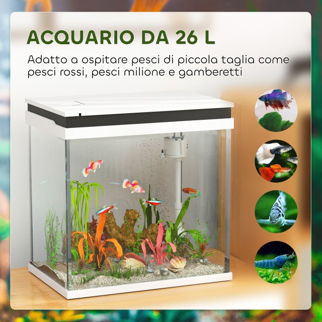 PawHut  Ενυδρείο για Χρυσόψαρα 26L με Φώτα LED, Σύστημα Φιλτραρίσματος και Αντλία Νερού, 38x26x38 cm, Λευκό  D61-005V91WT