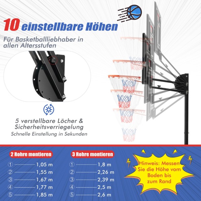 Costway Ρυθμιζόμενη Μπασκέτα 105-260 cm με Βάση & 2 Ρόδες SP38237