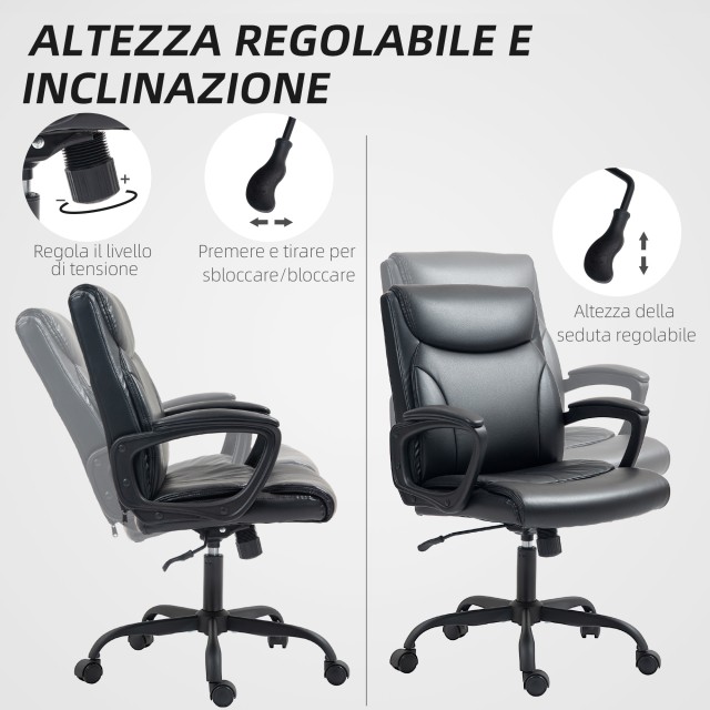 HOMCOM  Ρυθμιζόμενη Καρέκλα Γραφείου με Κλίση, από Συνθετικό Δέρμα και Ατσάλι, 60x68x95.5-105 εκ., Μαύρο  921-783V00BK