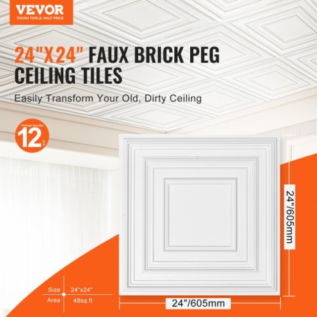 VEVOR Πλακάκια Οροφής 12τμχ 24x24in PVC Εύκολη Εγκατάσταση Λευκός Σ...