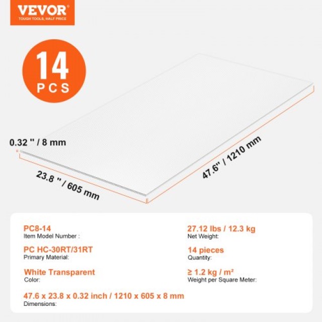 VEVOR  Πολυκαρβονικά Πάνελ Θερμοκηπίου 14τμχ 2 X 4 X 0.32  SLWDBBSTM4FT0X55VV0