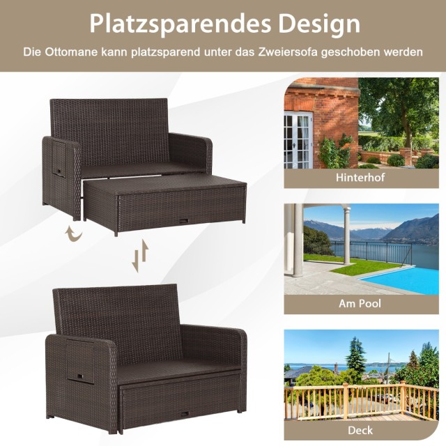 Costway Σετ Καναπέ Rattan - 2θέσιος με Οθωμανική & 2 Τραπεζάκια, Μπ...