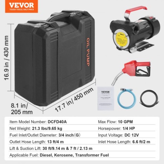VEVOR Αντλία Μεταφοράς Καυσίμου 12V 10 GPM 1/4 HP για Πετρέλαιο με Αυτόματο Ακροφύσιο Καυσίμου CYBMG10GPM147B515V9