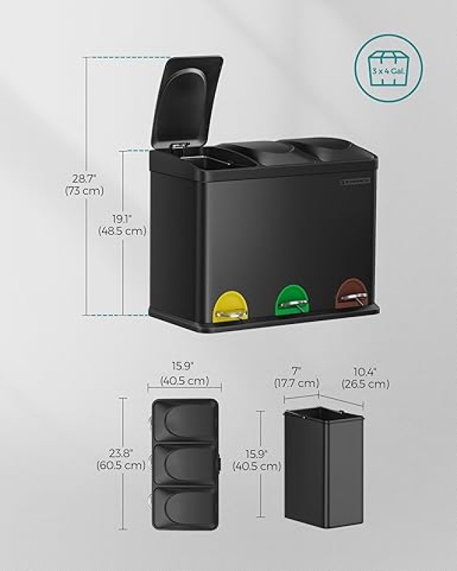 SONGMICS Τριπλός Κάδος Ανακύκλωσης 45L με Χρωματιστά Πεντάλ και Αφα...