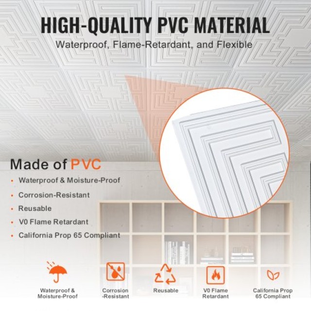 Σετ 12 Λευκών Πλακιδίων Οροφής VEVOR 24x24 εκ από PVC με Σχέδιο Echo - Εύκολη Εγκατάσταση  THBZPVCB12J29DDRKV0