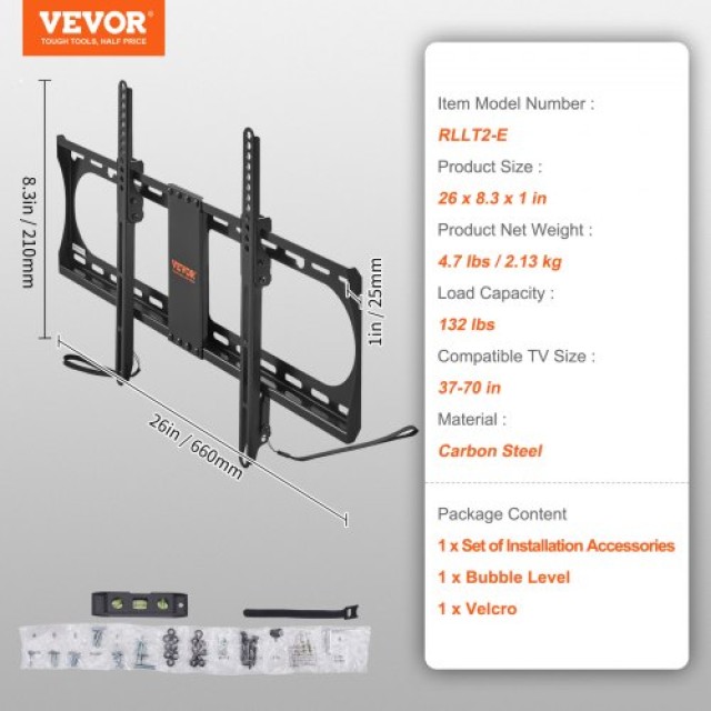 VEVOR Βάση Τοίχου TV, Συμβατή με 37-70 ίντσες, Μέγιστο VESA 600x400mm, Έως 132 lbs  BGDSZJP60040060M4V0