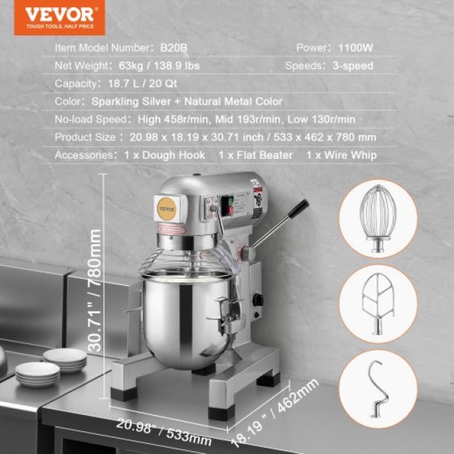 Επαγγελματικό Μίξερ Τροφίμων VEVOR 18.7L 3-Ταχυτήτων 1100W για Εστιατόρια  ZXSPJBJ20QT1S6PRWV2