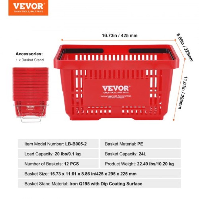 Σετ 12 Καλαθιών Αγορών VEVOR 24L με Χειρολαβή & Βάση Κόκκινα  GXSBSSLGWLHS08MIEV0