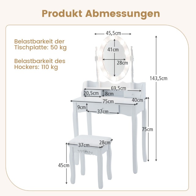 Μπουντουάρ - Τουαλέτα Μακιγιάζ με LED Φωτισμό Ρυθμιζόμενης Φωτεινότ...