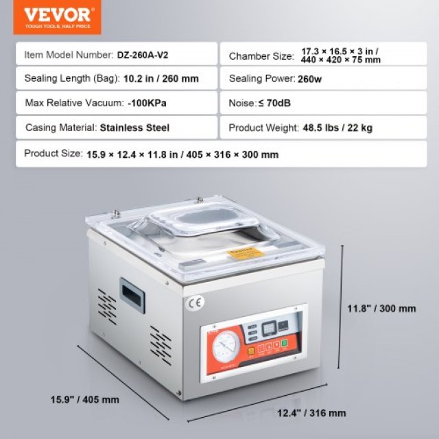 VEVOR Θάλαμος Συσκευασίας Κενού, 260W, για Υγρά Τρόφιμα & Κρέατα, 10.2 Σφράγιση, Οικιακή & Επαγγελματική Χρήση  TSZK6CBMH220VZDP7V2