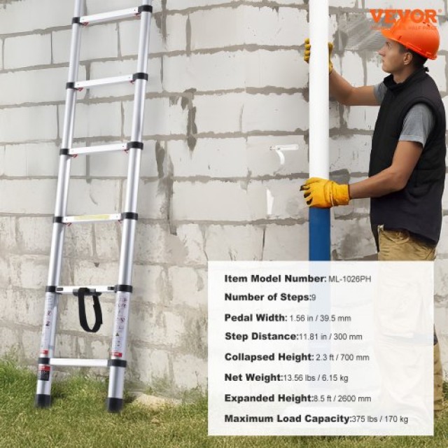 VEVOR Τηλεσκοπική Σκάλα Επέκτασης 8.5FT με Κουμπί Ανάκλησης, Αντοχή 375 Λίβρες SSLTNLSLK85FO00LTV0