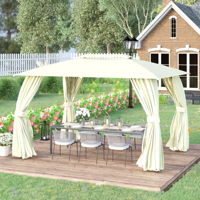 Outsunny Garden Gazebo 3,95x2,95m με διπλή οροφή, τοίχους από πολυεστέρα και 8 ατσάλινα μανταλάκια, μπεζ 84C-305CW