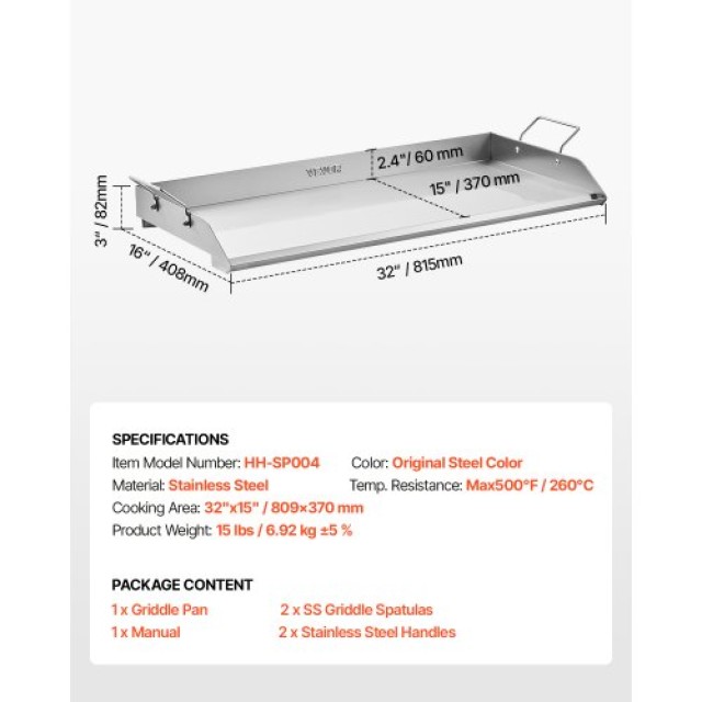 VEVOR Επίπεδη Πλάκα Ψησίματος Ανοξείδωτη 32x16 για BBQ DCJPBXG3217INLUP8V0