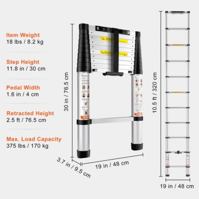 Σκάλα Τηλεσκοπική VEVOR 3.2m, Αλουμινίου, 170kg, Συμπτυσσόμενη, Πολυλειτουργική, ANSI  SSLTN105170KGVQGIV0
