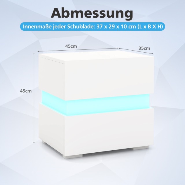Costway  Σετ 2 Κομοδίνων LED με 2 Συρτάρια Λευκός Υψηλής Γυαλάδας 40 x 35 x 50 εκ. JV10830WH-2