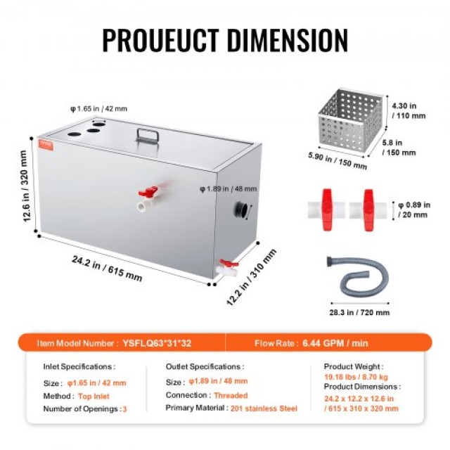 Διαχωριστής Λίπους VEVOR 25 LBS, Ανοξείδωτος, 6.4 GPM, για Εστιατόρ...
