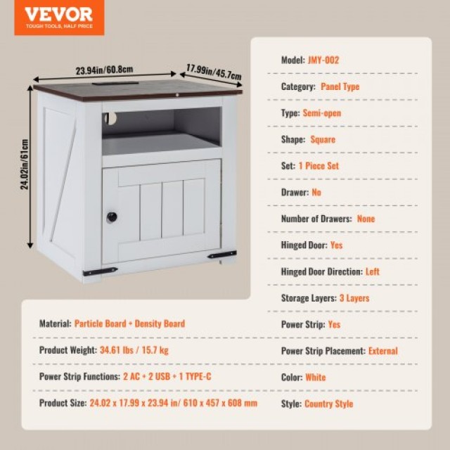 VEVOR  Λευκός Τετράγωνος Τραπεζάκι με USB & Πρίζες  BSBZ1JTBKFFXEHR05V2