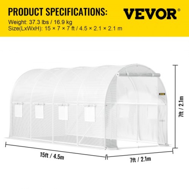 VEVOR Θερμοκήπιο Σήραγγας 15x7x7 ft με Γαλβανισμένους Στύλους, 2 Πόρτες & 8 Παράθυρα, Λευκό  YDSDWSB1577FTL33VV0