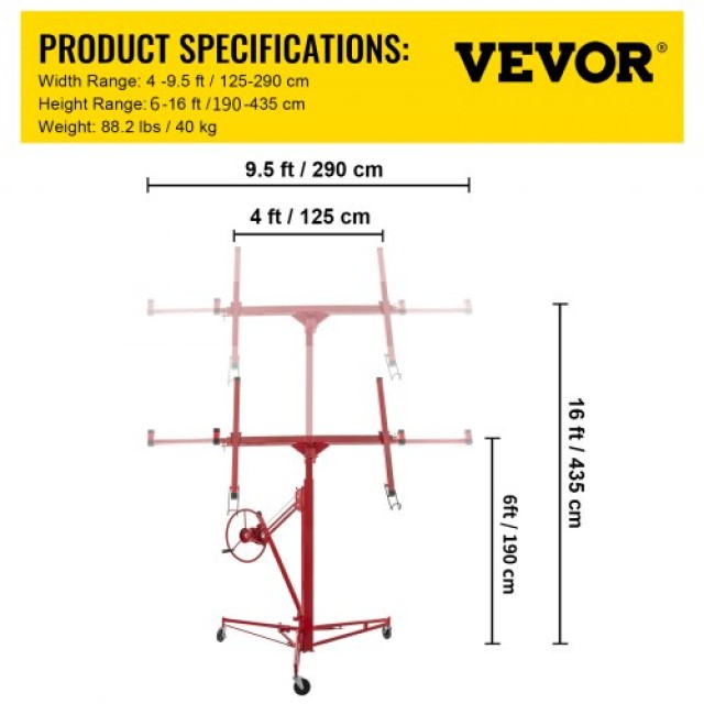 VEVOR Ανυψωτικό Γυψοσανίδας 16ft, 150lb, Τηλεσκοπικός Βραχίονας & 3 Τροχοί  SGBSJJHSB16FTDLQLV0