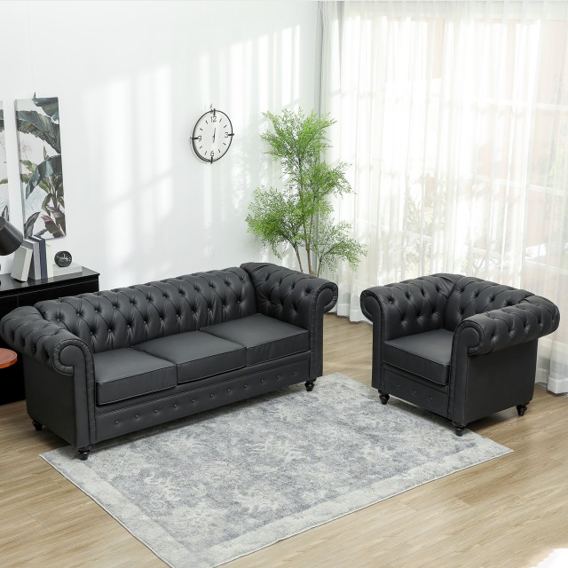 HOMCOM Πολυθρόνα Σαλονιού Στυλ Chesterfield από Συνθετικό Δέρμα PU με Ξύλινα Πόδια, Μαύρο 83B-244V00BK