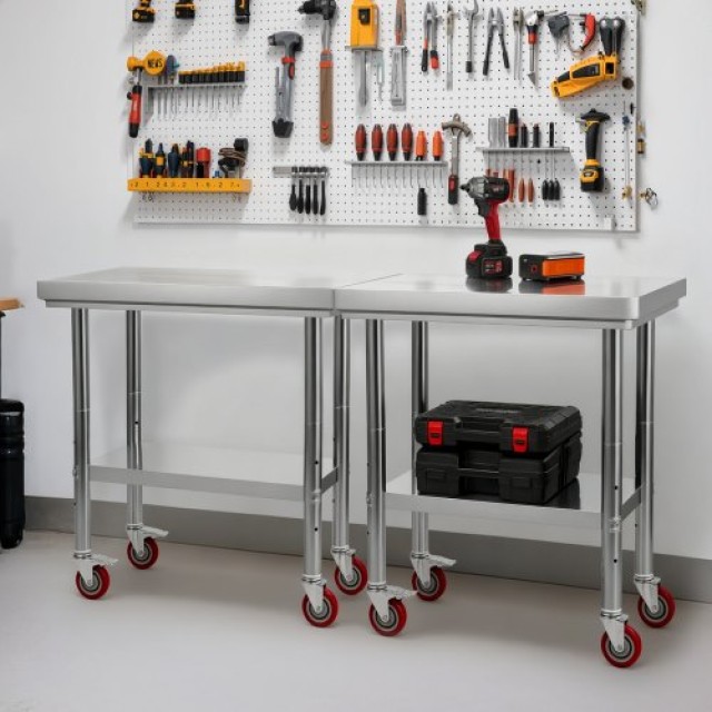 VEVOR Ανοξείδωτο Τραπέζι Εργασίας 60 x 76 cm με Ρόδες και Ρυθμιζόμε...